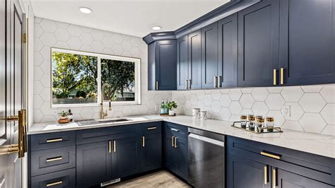 midnight blue shaker cabinets.